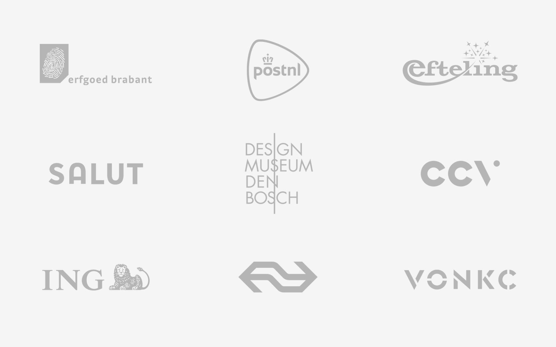 Erfgoed Brabant, PostNL, Efteling, NS, Design Museum Den Bosch, CCV, ING Bank, Salut en VONKC.